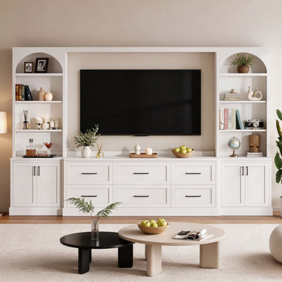 Meuble télé mural tout-en-un avec étagères et tiroirs, console multimédia moderne pour téléviseurs jusqu'à 70 pouces.