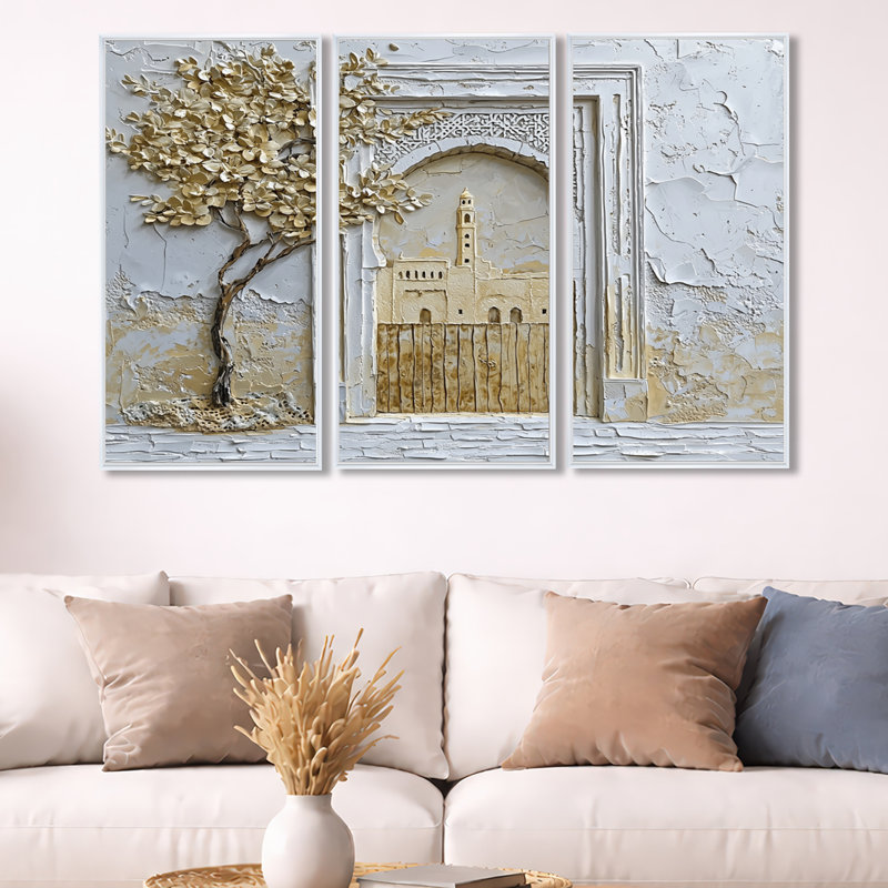 Maroc, médina d'or de Fès - ensemble d'art mural Maroc, H 28 po x l 36 po x P 1 po, Toile encadrée flottée blanche