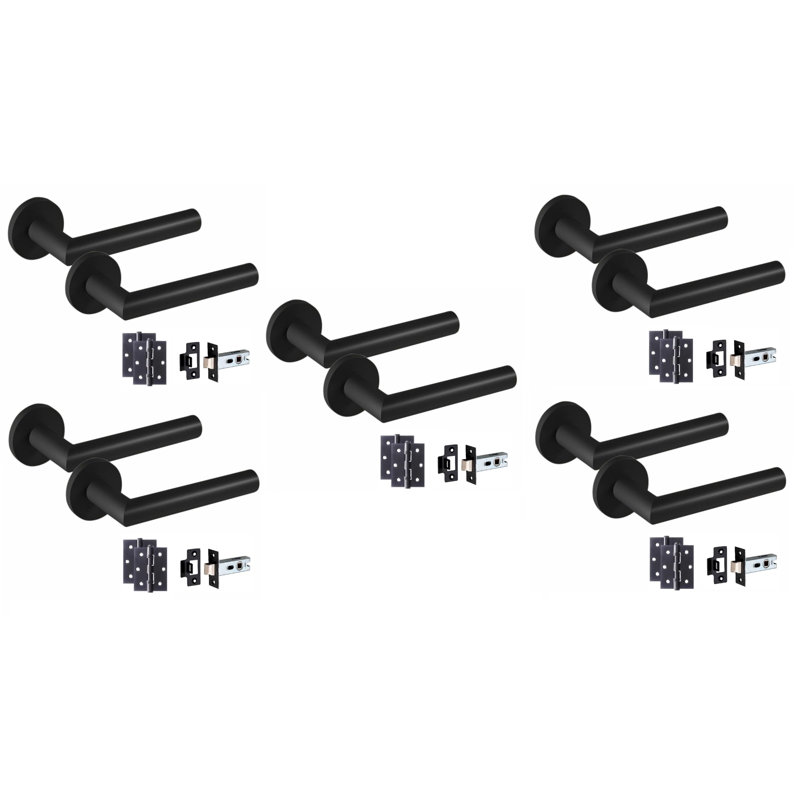 6 Pairs Mitred Design Door Handles on Round Rose with 2.5" Tubular Latch and 3" Ball Bearing Hinges - 52mm Diameter, Latch