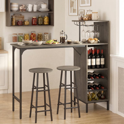 3-Piece Counter Height Bar Table & Dining Chair Set, Built-In Specialized 6-Bottle Wine Storage Rack, Extra Open Storage Shelves
