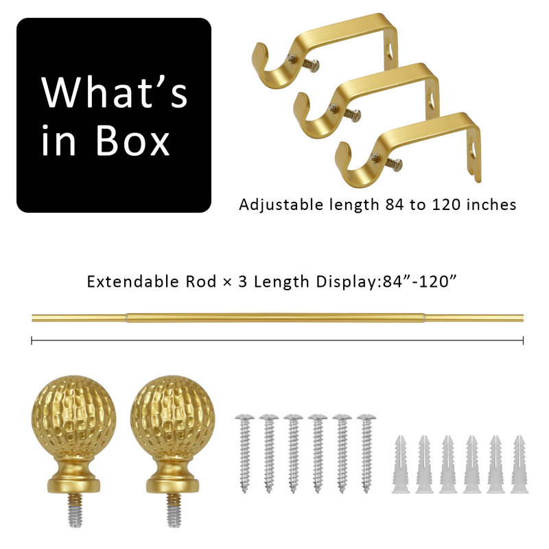 Tringle à rideaux simple 5/8 po avec embouts Balle, Doré, 84" - 120"