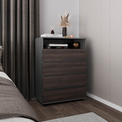 Commode, 4 tiroirs, 1 tablette, gris mat / chêne foncé