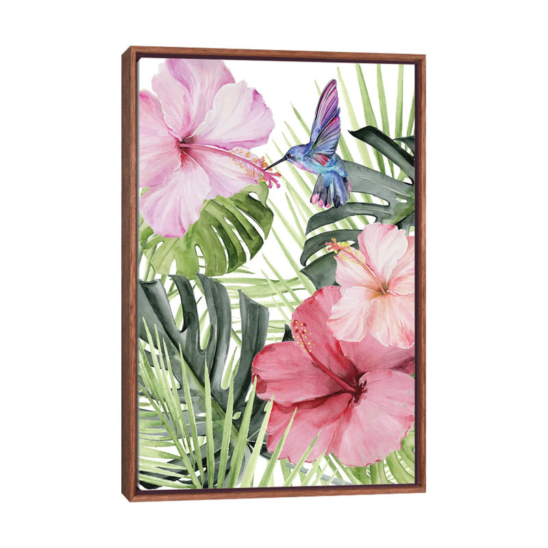 «Hibiscus & Hummingbird I» par Jennifer Paxton Parker - reproduction d'art, H 26 po x l 18 po x 1,5 po, Toile avec cadre brun