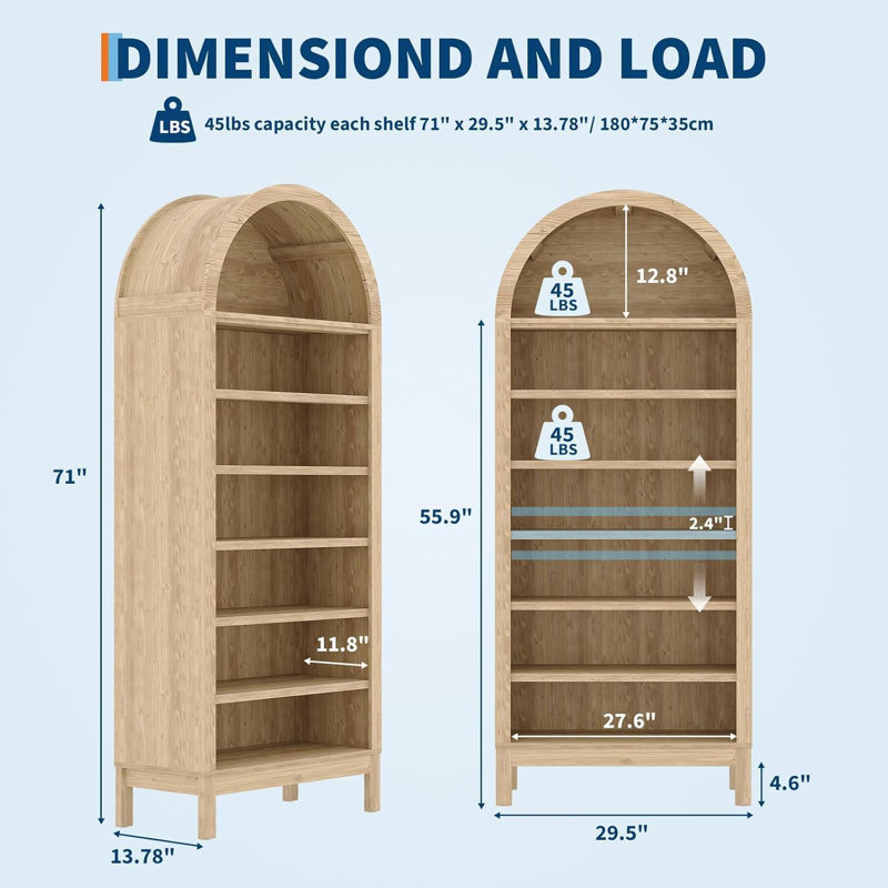 71" Tall Arched Display Cabinet, 7-Tier Adjustable Shelf Bookcase, Farmhouse Storage Organizer for Living Room, Entryway, Bathroom