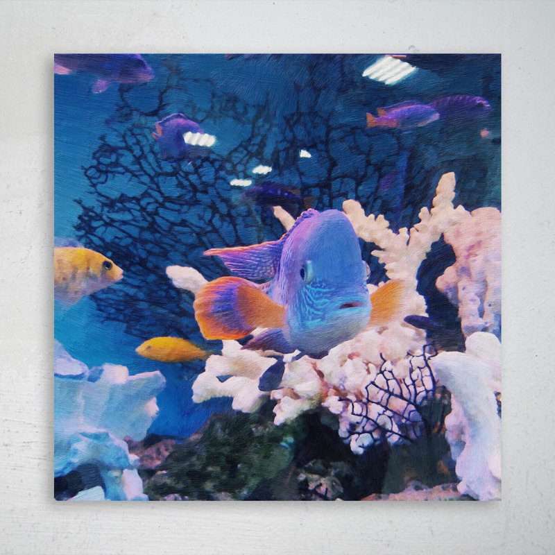 Poisson jaune et blanc dans un aquarium 1 - peinture sur toile tendue, H 16 po x l 16 po