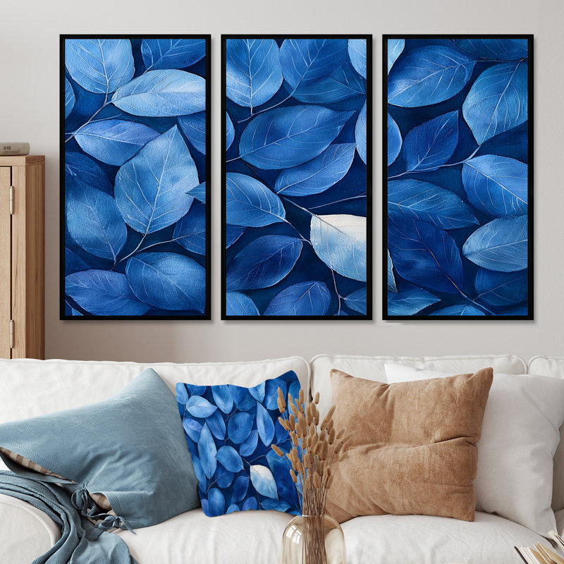 Indigo feuilles feuillage collage II - art mural feuilles - ensemble de 3, H 28 po x l 36 po, Noir
