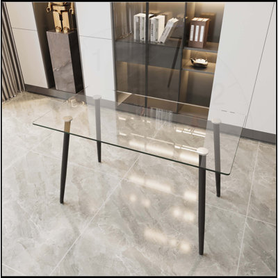 Modern Minimalist Rectangular Glass Dining Table for 4-6 with Tempered Glass and Metal Legs, for Kitchen and Living Room by Wrought Studio