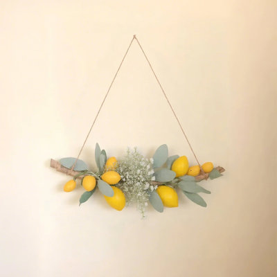  Artificial Hanging Lemon Branch, Faux Lemon Fruit Garland with Butterfly Accent, Rustic Farmhouse Wall Decor for Kitchen, Door, and Home