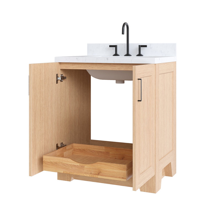 Meuble-lavabo simple en bois massif gris Freitas avec plateau en quartz blanc Carrara de 1,5 po, évier central rectangulaire