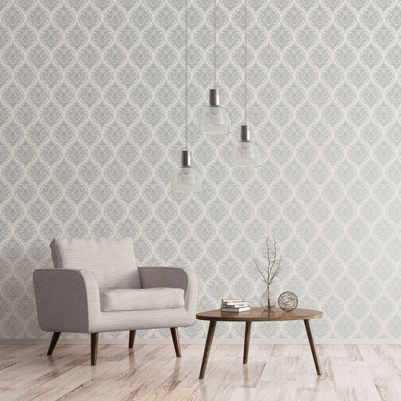 Emporium Metallic Ogee Damask 3D Embossed 33' L x 21" W Wallpaper Roll, Silver/Cream