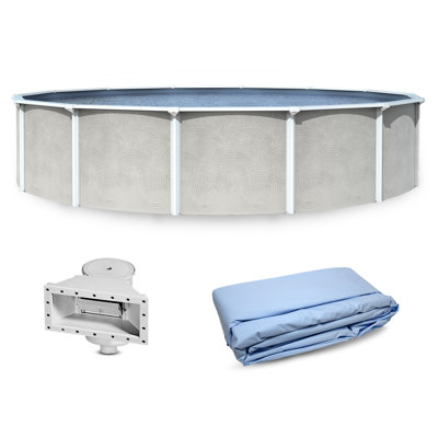 Blue Wave Belize 27-ft Round 52-in Deep Hard Sided Steel Wall Above Ground Pool with 6-in Top Seats, 5-in Verticals, Skimmer & Vinyl Liner - 16,200 Gallon Capacity for Family Swimming & Recreation