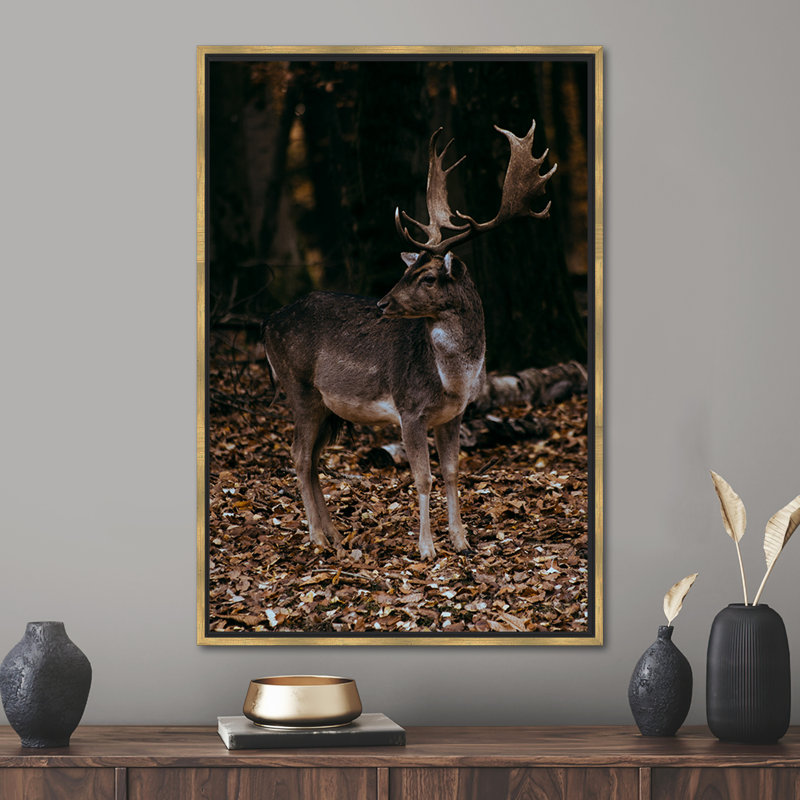 «Wild Enthusiast's Dream: Majestic Deer in Forest Landscape», art mural sur toile, H 100 po x l 45 po, Doré