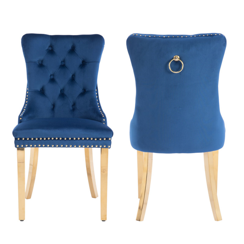 Tufted Velvet Wing Back Side Dining Chairs, Blue, Mirror Gold