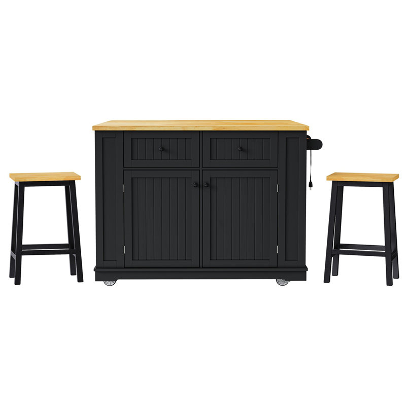 Large Kitchen Island With Bar Stools, Power Outlet, Storage Racks, Drop Leaf, And Wheels For Flexible Kitchen Organization.