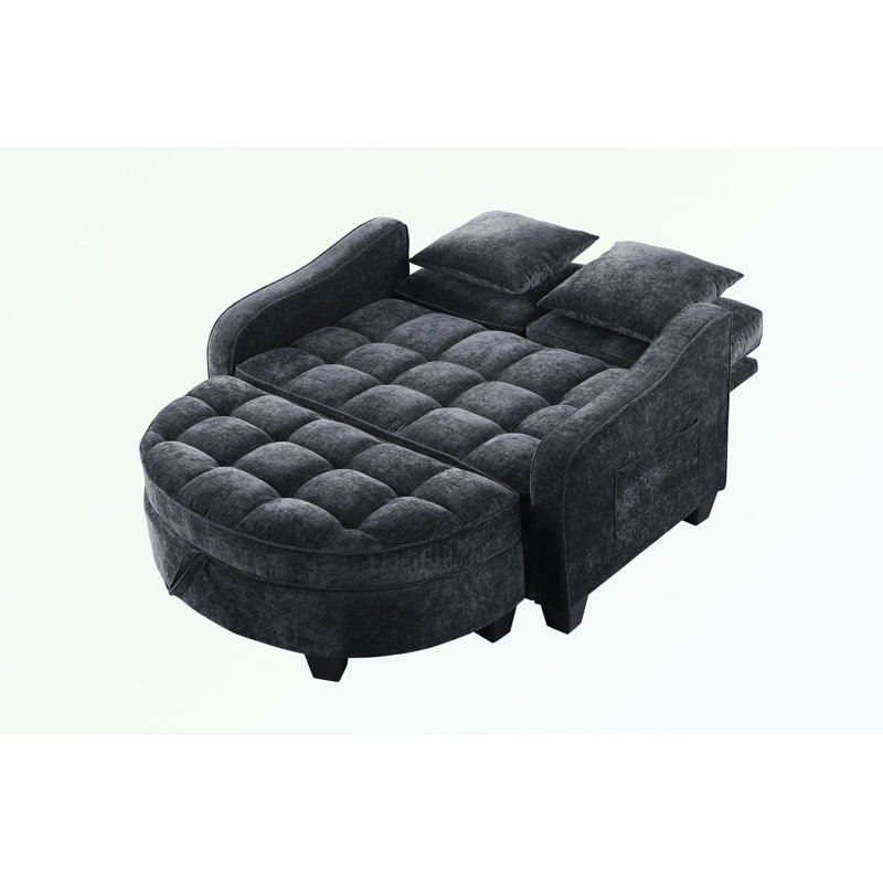 Double sofa chaise longue with irregular armrests and two small throw pillows, Black
