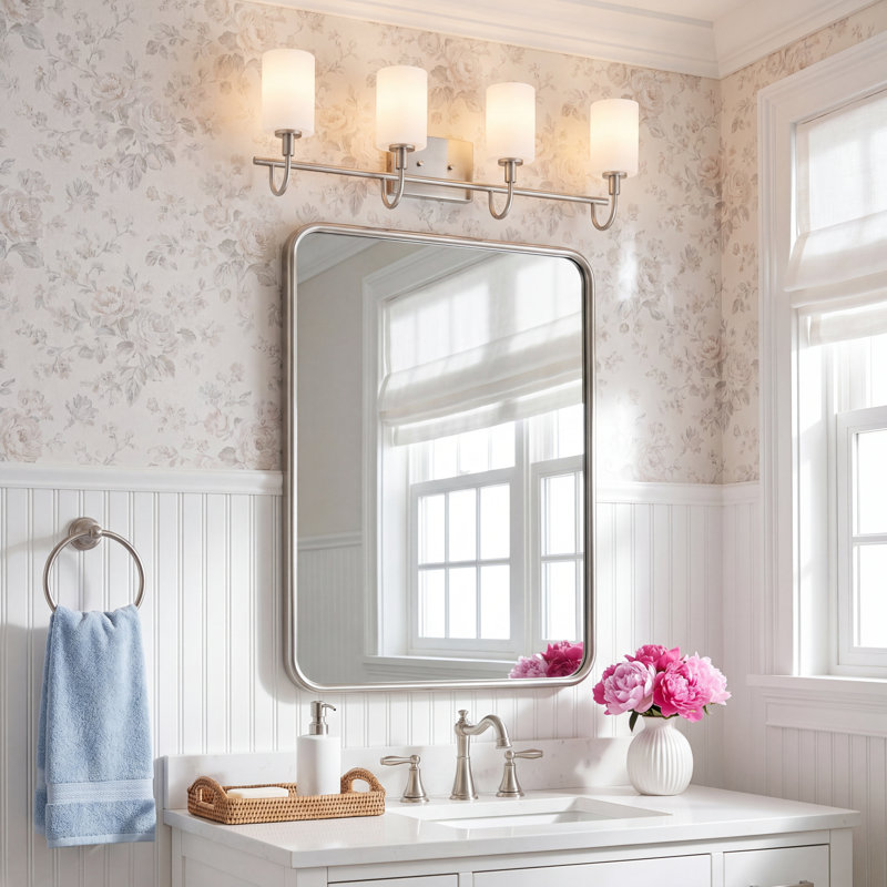 Rowley 33.88" W Steel 4-Light Dimmable Vanity Light with Drum Shades, Satin Brass