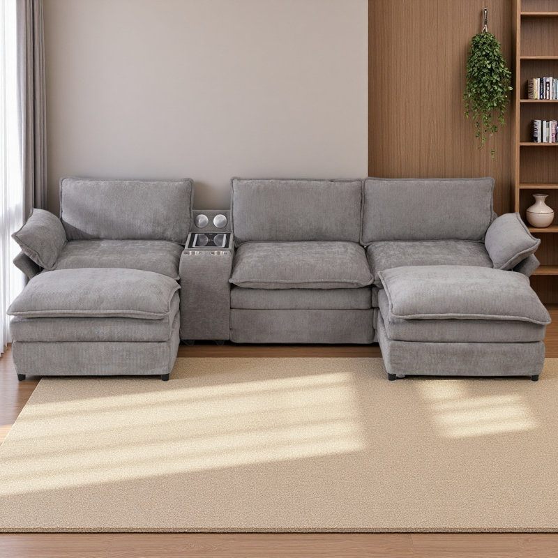 U Shaped Modular Sectional Sofa,Storage Console & Wireless Charging,2 Cup Holders,Bluetooth Speakers,2 Movable Footstools