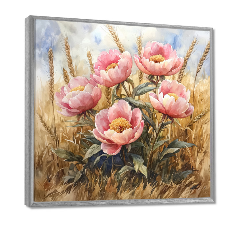 Pivoines dans le champ de blé I - pivoines, art mural, H 30 po x l 30 po, Impression encadrée flottante, Argent argent