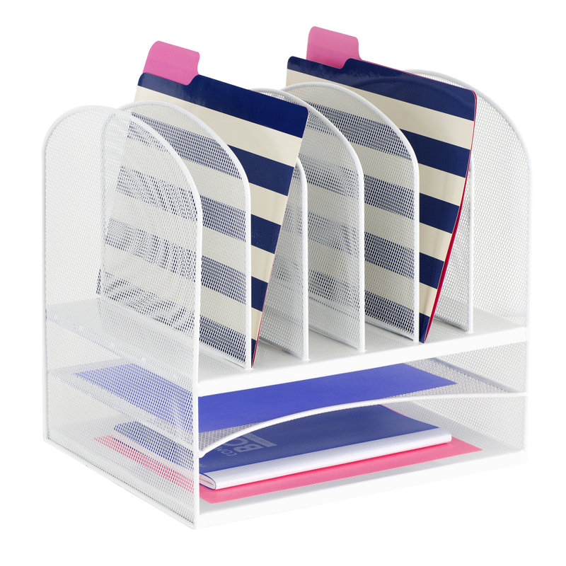 Onyx Mesh Desktop Organizer With Two Trays And Six Upright Sections, White