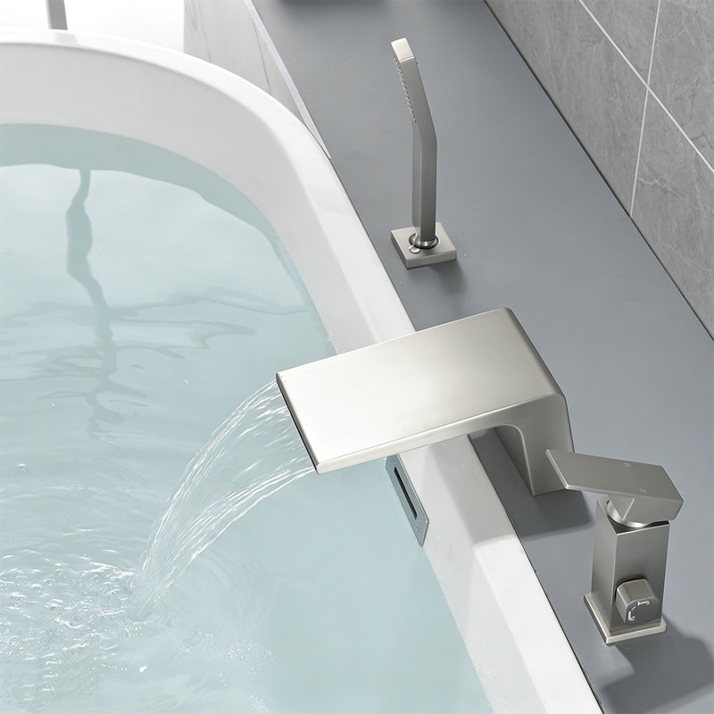 Roman Deck Mount Waterfall Tub Faucet With Handheld Shower, Single Handle, 2-Mode Water Outlet, Brushed Nickel