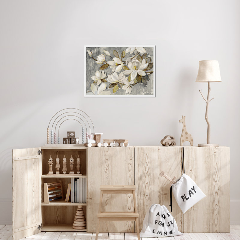 Magnolia Simplicity Neutral Grey by Silvia Vassileva - Painting, 55cm H x 80cm W, White Framed Paper Print