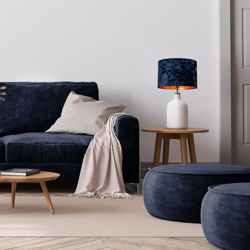 Modern Crushed Velvet Lamp Shade with Shiny Paper Inner, Midnight Blue, 22cm H x 35cm W x 35cm D