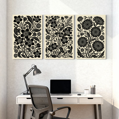 Plantes et fleurs, motif floral noir sur fond crème, ensemble de 3 impressions murales sur toile