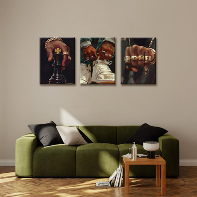 3Pcs Hip Hop Black Men Wall Art Urban African American Man Wall Decor Fashion Male Posters Prints Boss Rings Pictures King Chess Gold Chain Street Painting For Living Room Bedroom 16X24in Canvas
