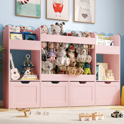 63"W Toy Storage with 4 Removable Drawers, 132L Stuffed Animal Storage with 2 Cabinet, Toy Organizer with 6-Tier Bookshelf, for Playroom, Nursery,Kids