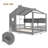 Full Size Montessori Floor Bed for Toddler - Gray Kids House Bed with Storage Shelf, Wooden Playhouse Bed Frame with Roof Design-2030025872