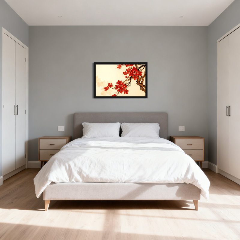 Tableau sur toile de style oriental avec fleurs de prunier rouges, H 16 po x l 24 po