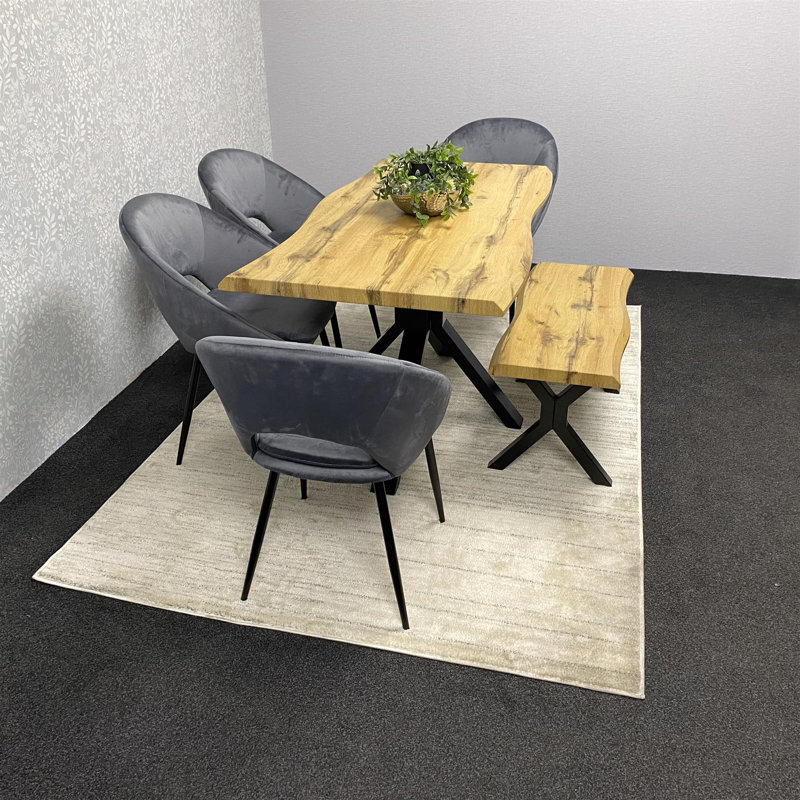 Wooden Brown Dining Table with Bench and 4 Grey Velvet Chairs, Stylish Dining Room Furniture, 75cm H x 117cm W x 77cm D