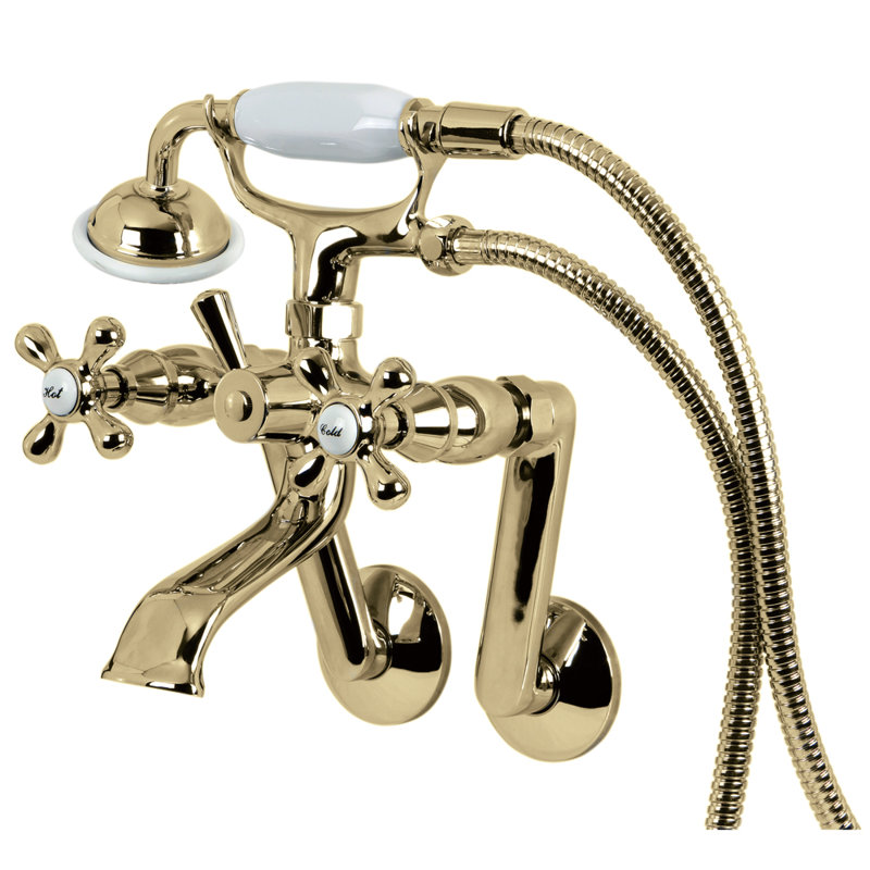 Kingston Brass Kingston Three-Handle 2-Hole Tub Wall Mount Clawfoot Tub Faucet with Hand Shower, Polished Brass