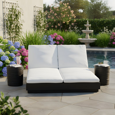 Patton Patio 3-Piece Acacia Wood Double Chaise Lounge & MGO Side Table Set