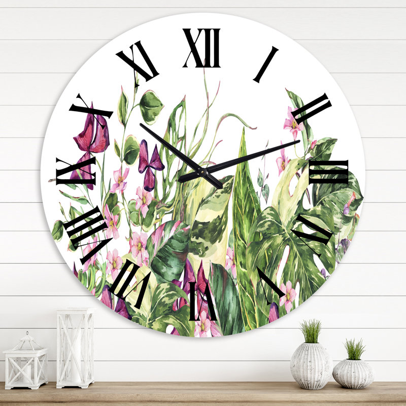 Vintage Floral Tropical Leaves I - Tropical Wall Clock, 36" H x 36" W x 1" D