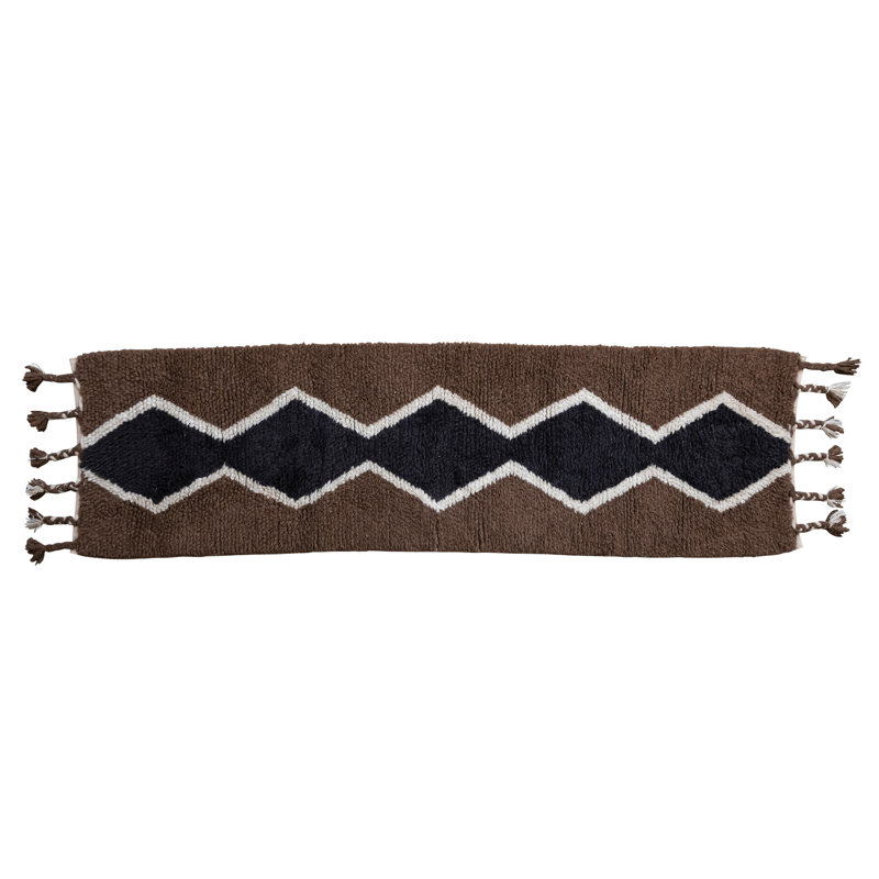 Cotton And Wool Blend Rug With Pattern And Braided Tassels, Runner 2'6" x 8'