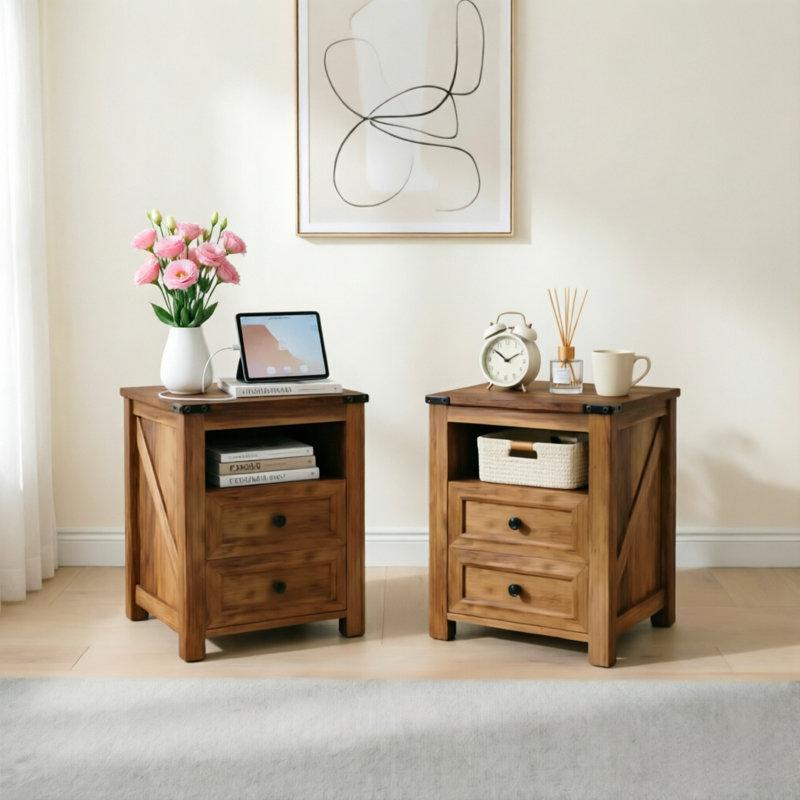 Table de chevet moderne à 2 tiroirs en bois avec dispositif de chargement, avec espace de rangement ouvert, Ensemble de 2