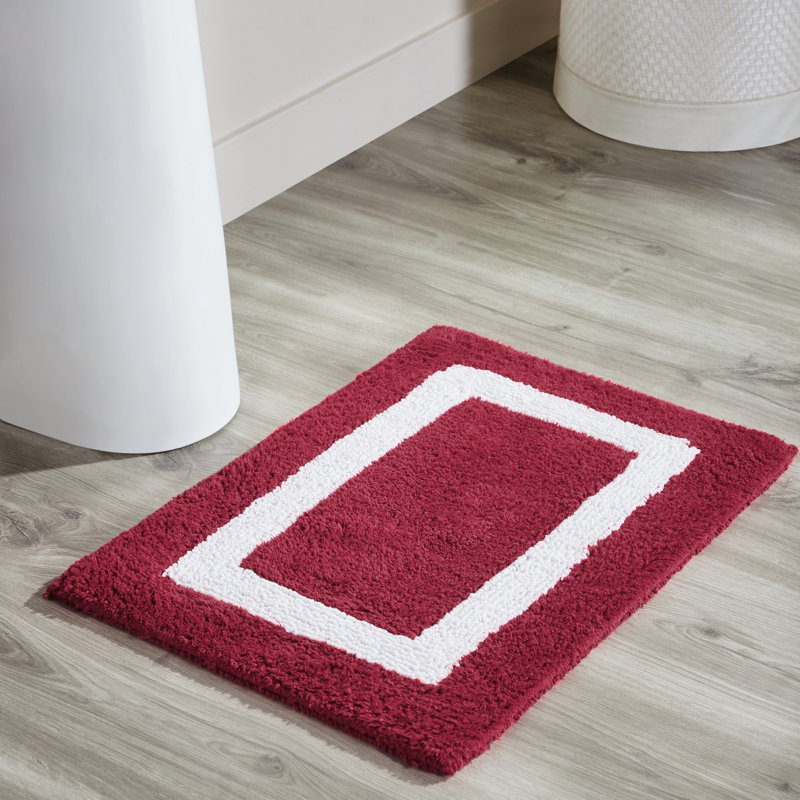 Tapis pour salle de bain réversible 100% coton Widman, doux et super absorbant, lavable à la machine pour les zones de douche, baignoire et lavabo, rectangle 17 po x 24 po, rouge / blanc