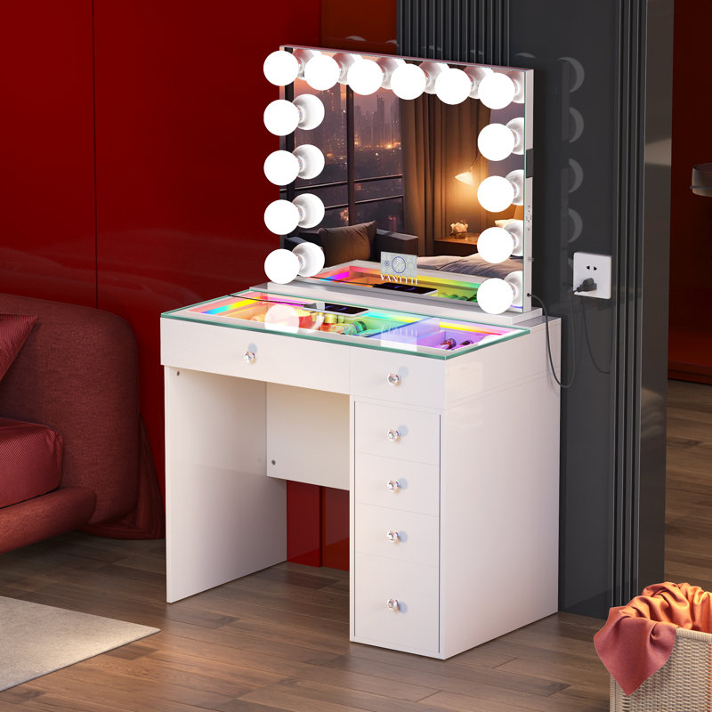Vanity Set with High-Definition Glass Top, LED Mirror, Power Outlet, 6 Drawers & Crystal Knobs Very easy to assemble, White