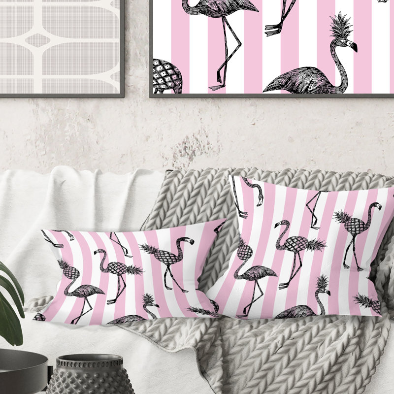 Flamant rose sur coussin rose moderne Mid-Century