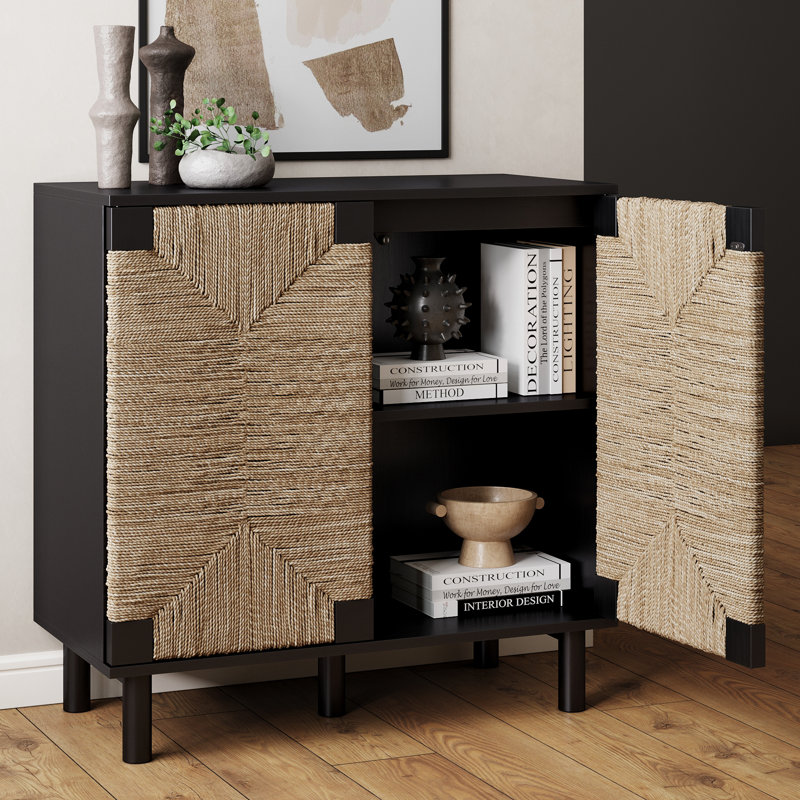 Seagrass 2-Door Accent Cabinet with Wood Frame, Black