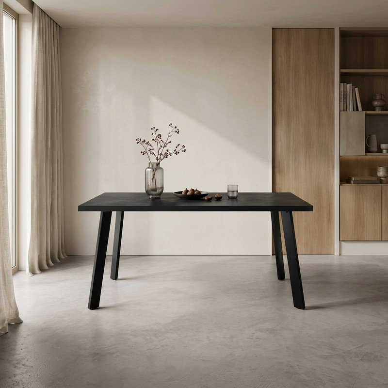 Metal Base Dining Table, Black Oak/Black