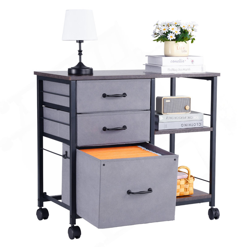 Mobile Metal File Cabinet With 3 Fabric Drawers And 2 Open Shelves Brown