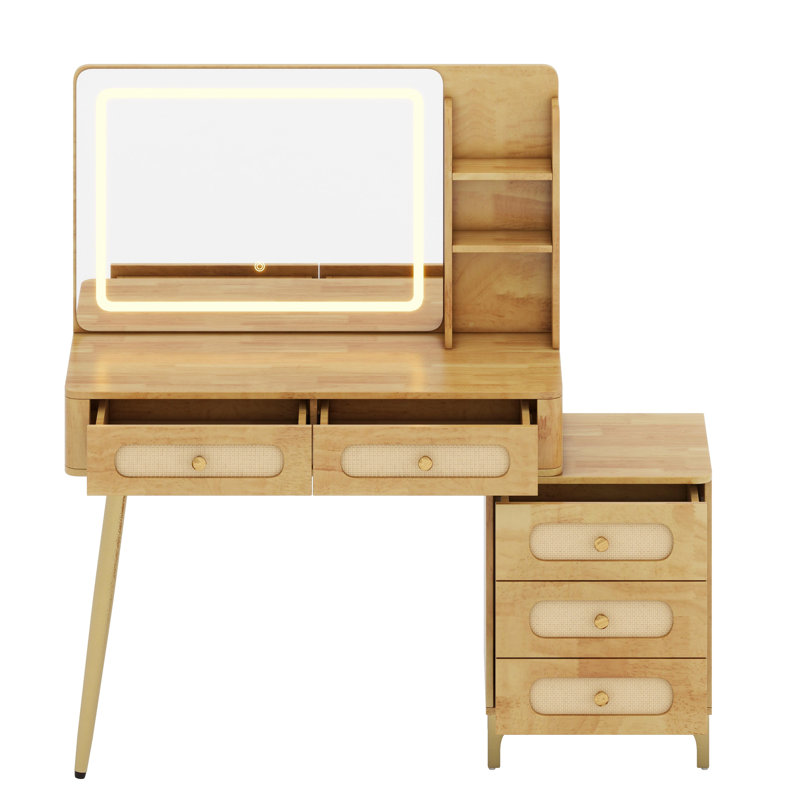 Coiffeuse avec miroir lumineux, coiffeuse rétro avec tiroirs et tablette de rangement, éclairage multimode, Naturel