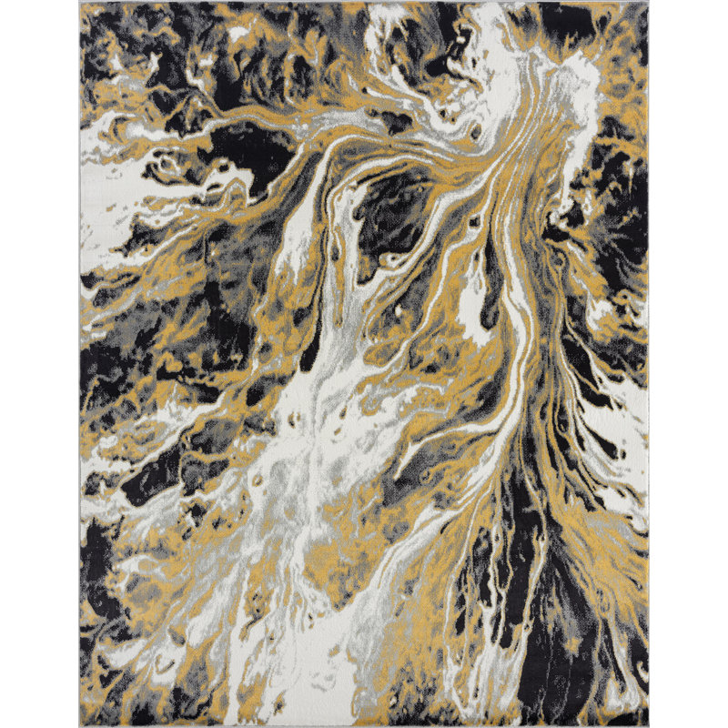 Tapis jaune / noir / blanc Pinette, Rectangle 5 pi 3 po x 7 pi 3 po