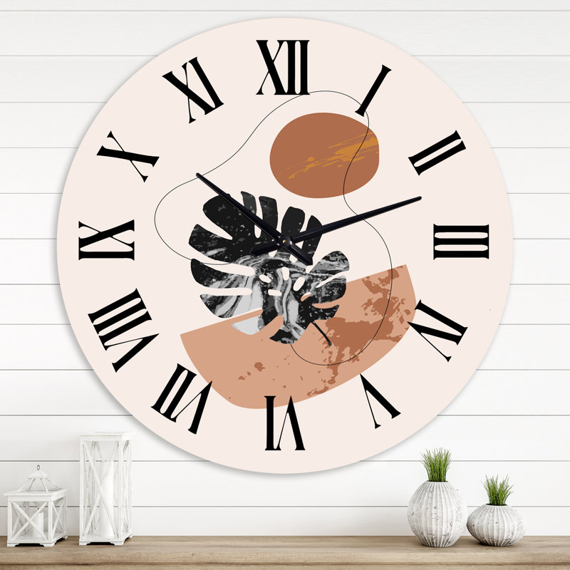 Formes abstraites et feuilles de Monstera tropicales - Horloge murale moderne, Surdimensionné