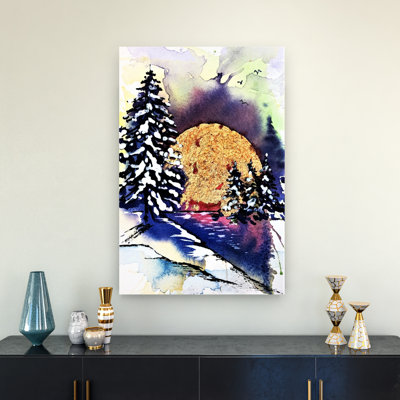 «Golden Moon Winter Landscape Peaceful Serene Tranquil Fir Pine Forest Landscape», reproduction d'art murale