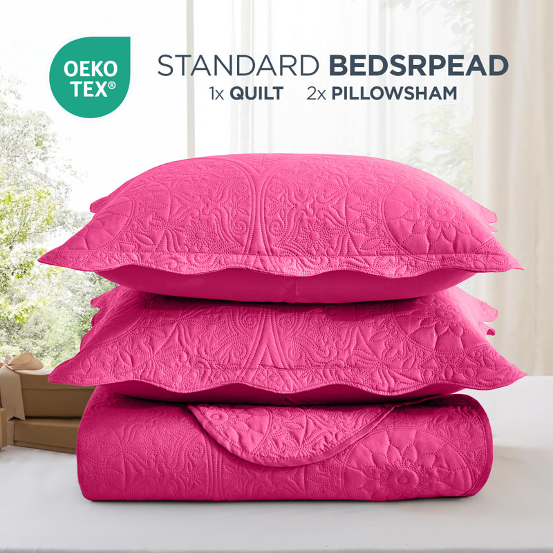 Ensemble de couvre-lit matelassé à motif floral - Doux literie en microfibre légère avec taies décoratives réversibles, Rose
