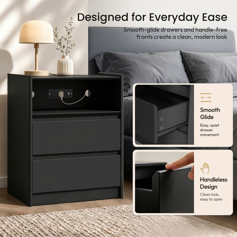 Modern 20" Nightstand with Charging Station, 2 Drawers and Open Shelf Set of 2, Black, Set of 2