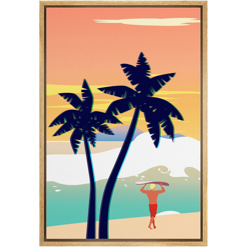 «Coastal Beach Prépared The Surfboard With Two Coconut Tree debout à côté», reproduction sur toile flottante